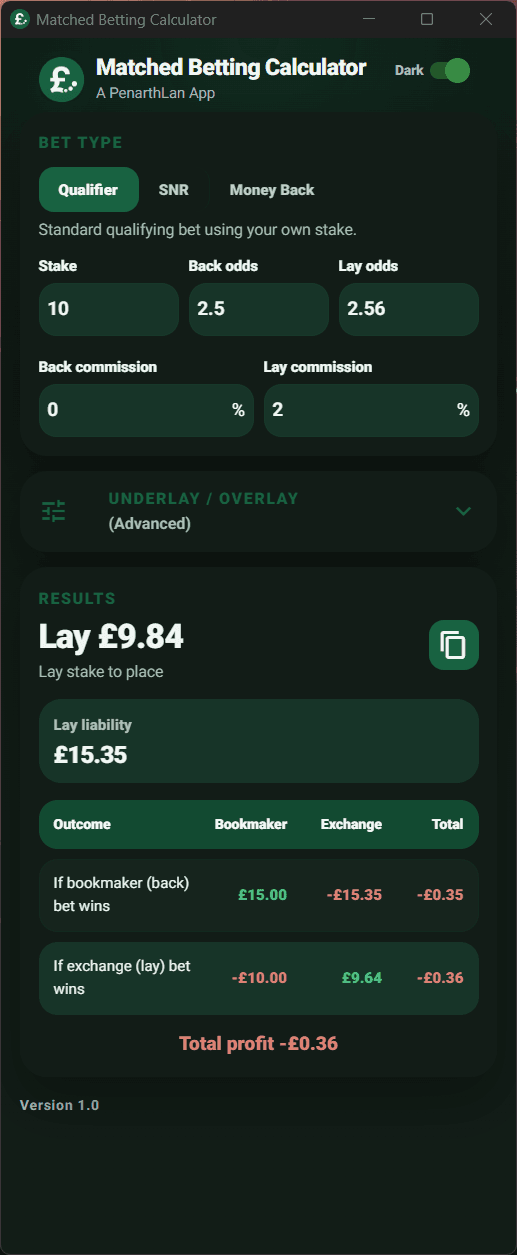Matched Betting Calculator dark mode screenshot