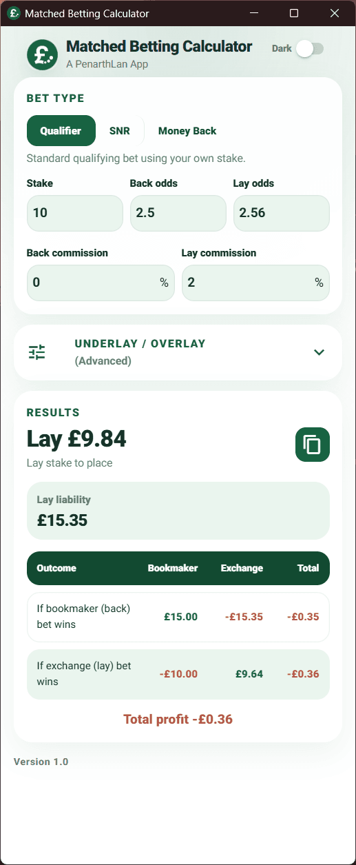 Matched Betting Calculator light mode screenshot