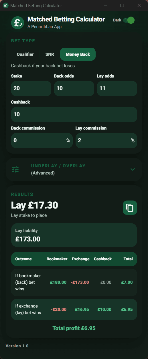 Matched Betting Calculator money back mode screenshot