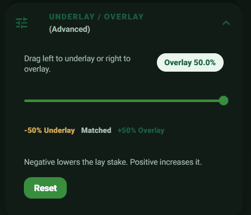 Matched Betting Calculator underlay and overlay advanced section screenshot
